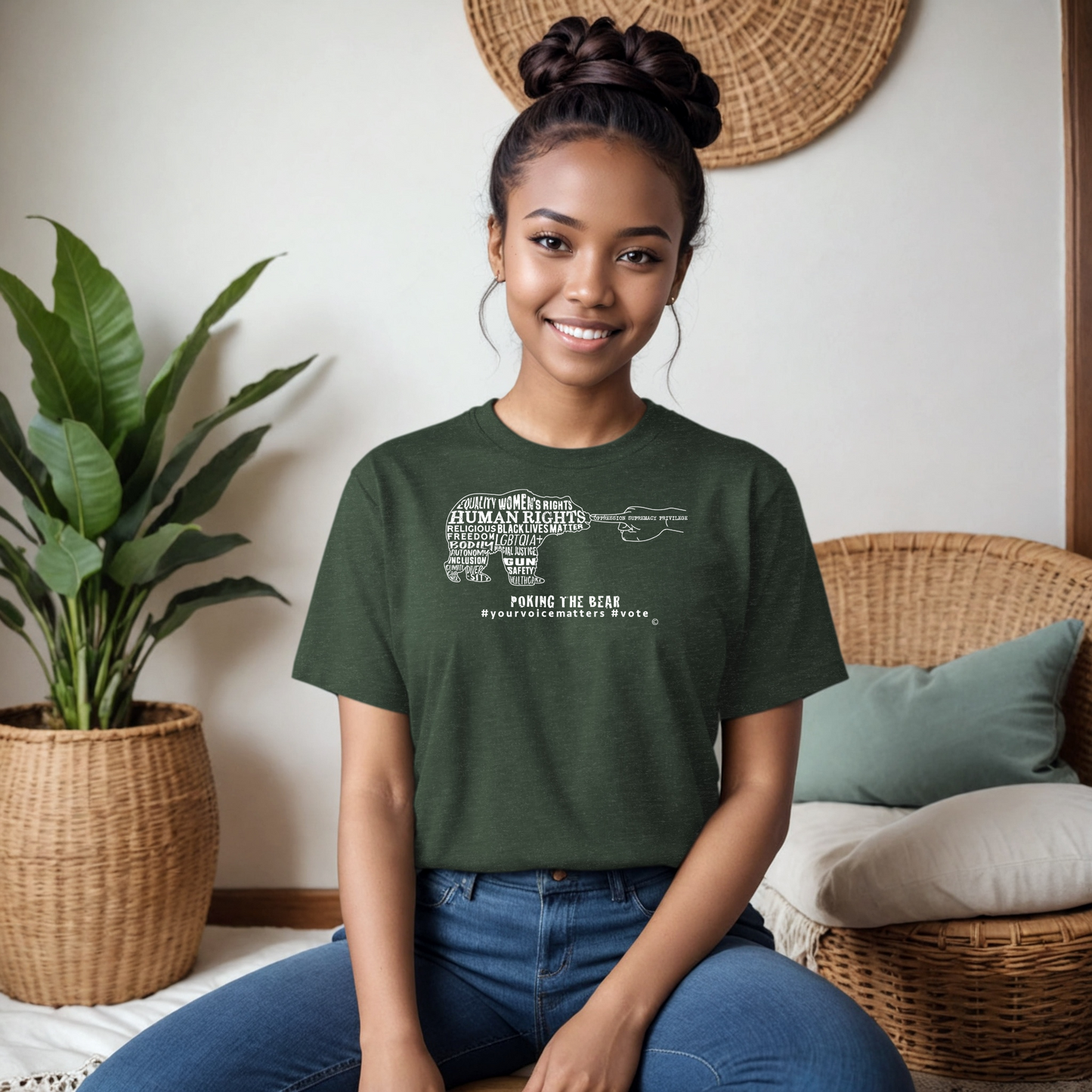 Short Sleeve T-Shirt - Poking the Bear - White Design with Hashtags