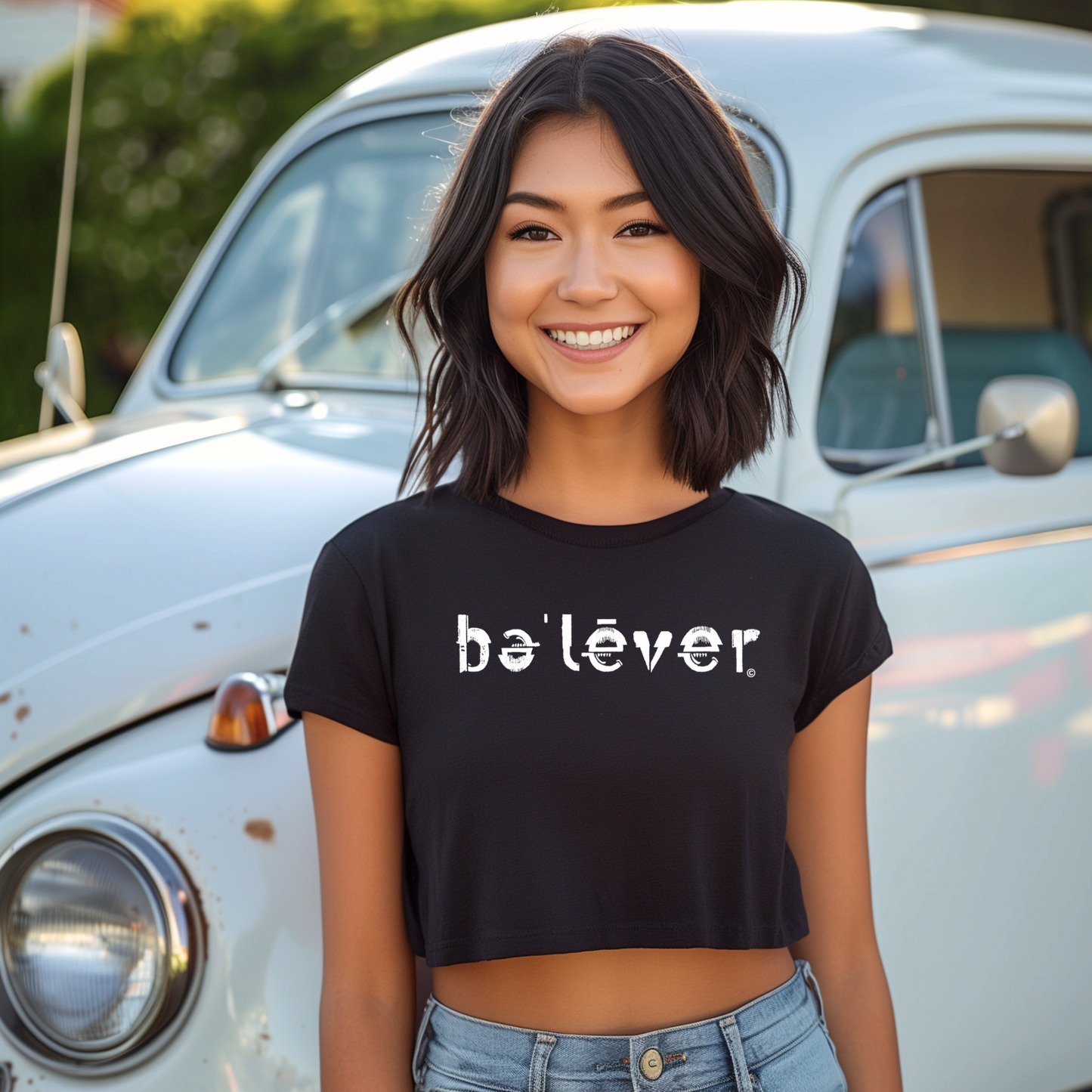 Crop Fitted T-Shirt - believer - White on Black