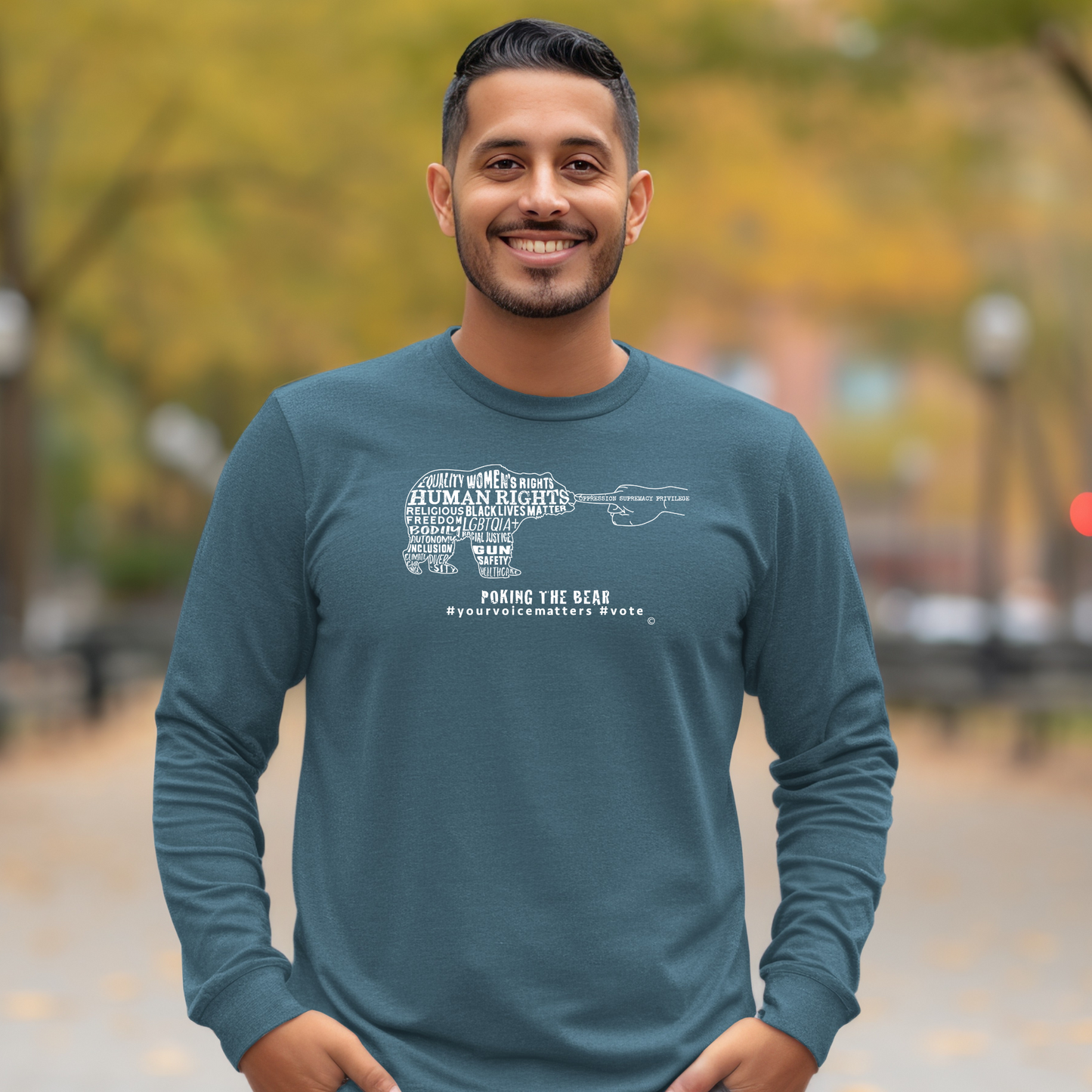 Long Sleeve T-Shirt - Poking the Bear - White Design with Hashtags