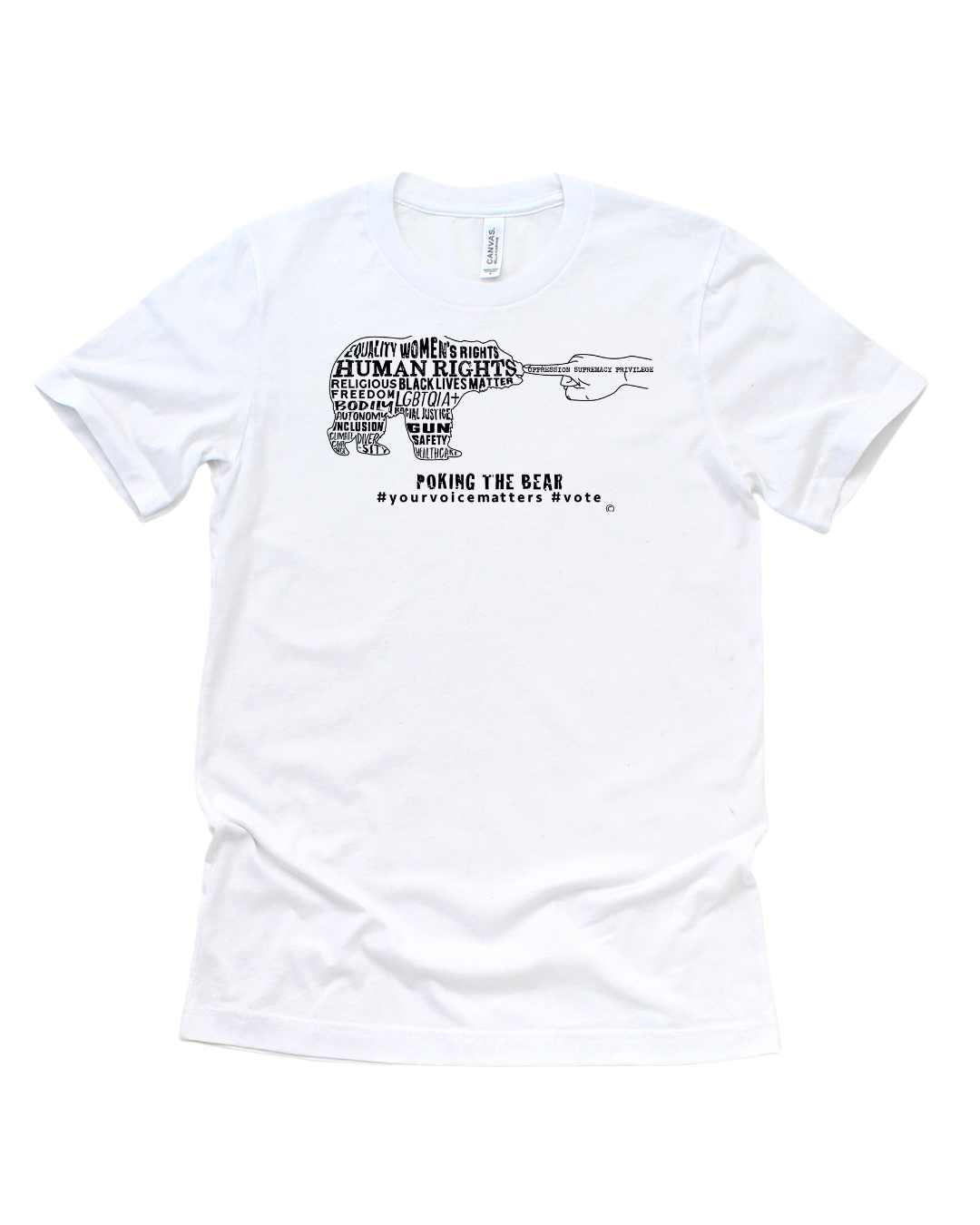 Short Sleeve T-Shirt - Poking the Bear - Black Design with Hashtags