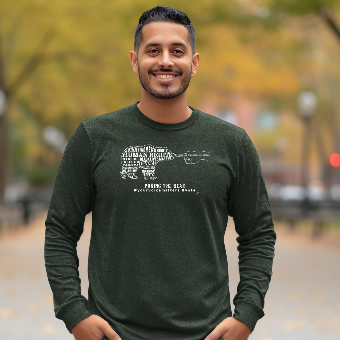 Long Sleeve T-Shirt - Poking the Bear - White Design with Hashtags