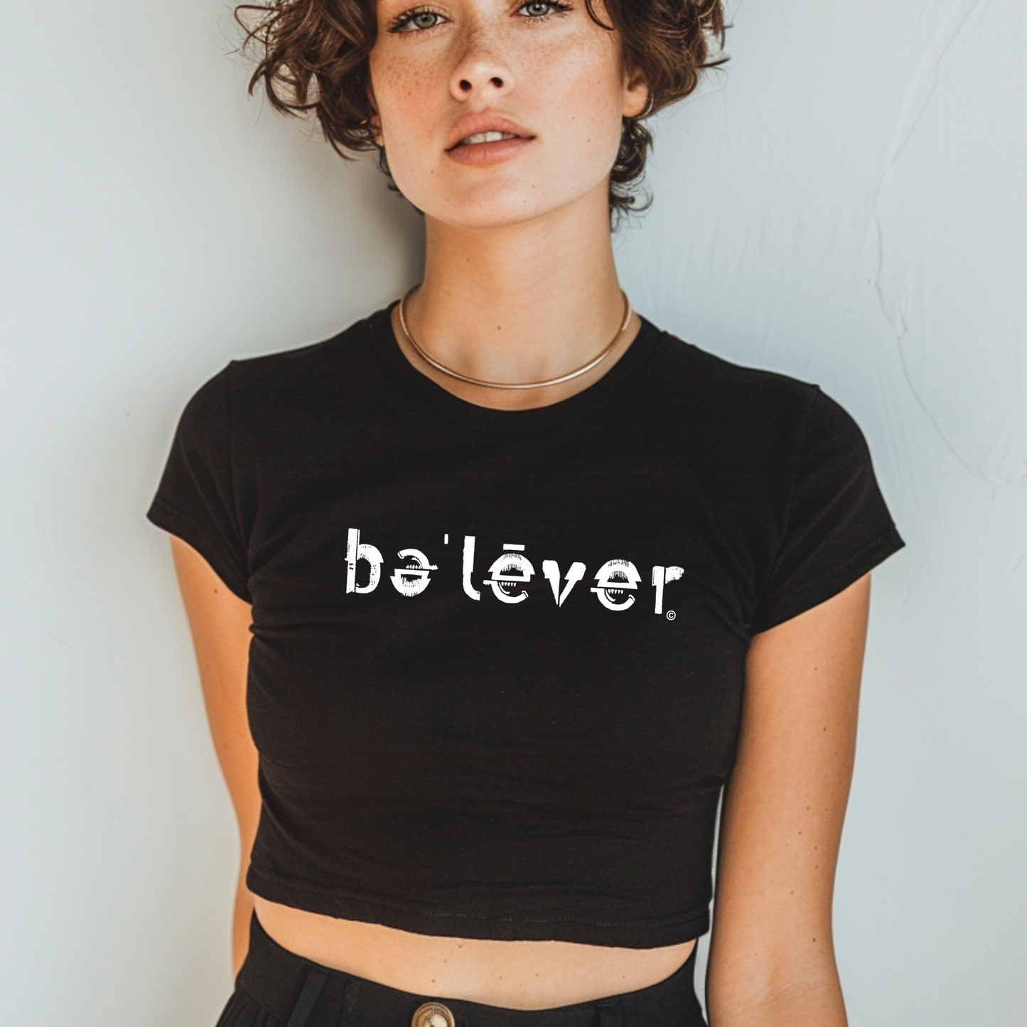 Crop Fitted T-Shirt - believer - White on Black