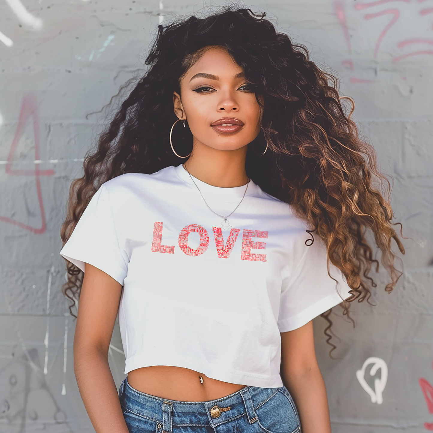 Crop Fitted T-Shirt - Love & Peace - Red on White