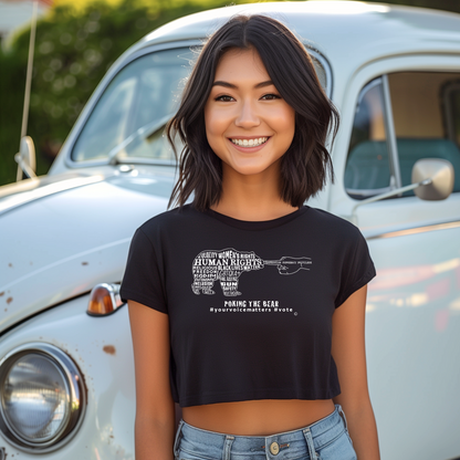 Crop Fitted T-Shirt - Poking the Bear - White Design with Hashtags