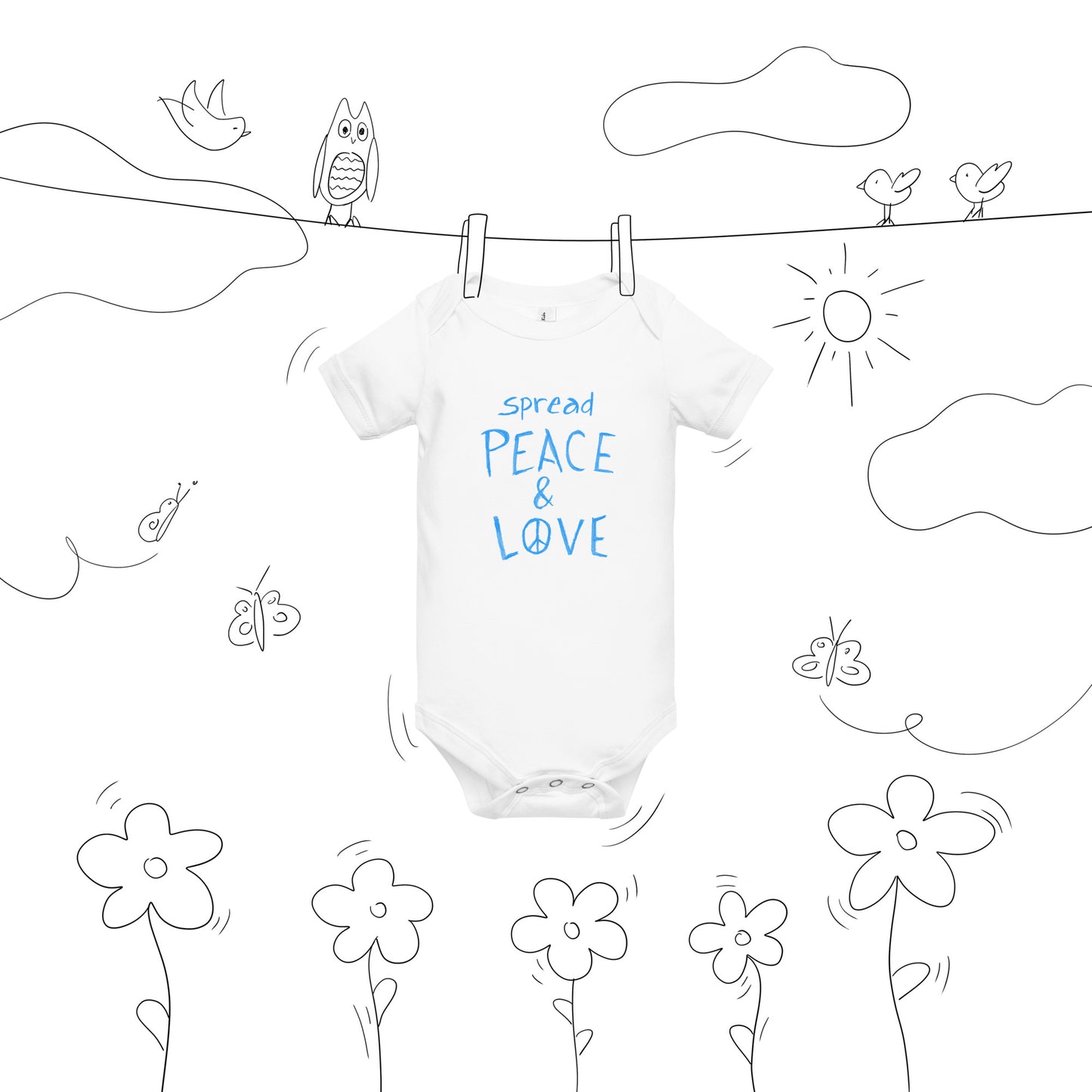 Baby Short Sleeve Onesie - Spread Peace & Love - Blue Design