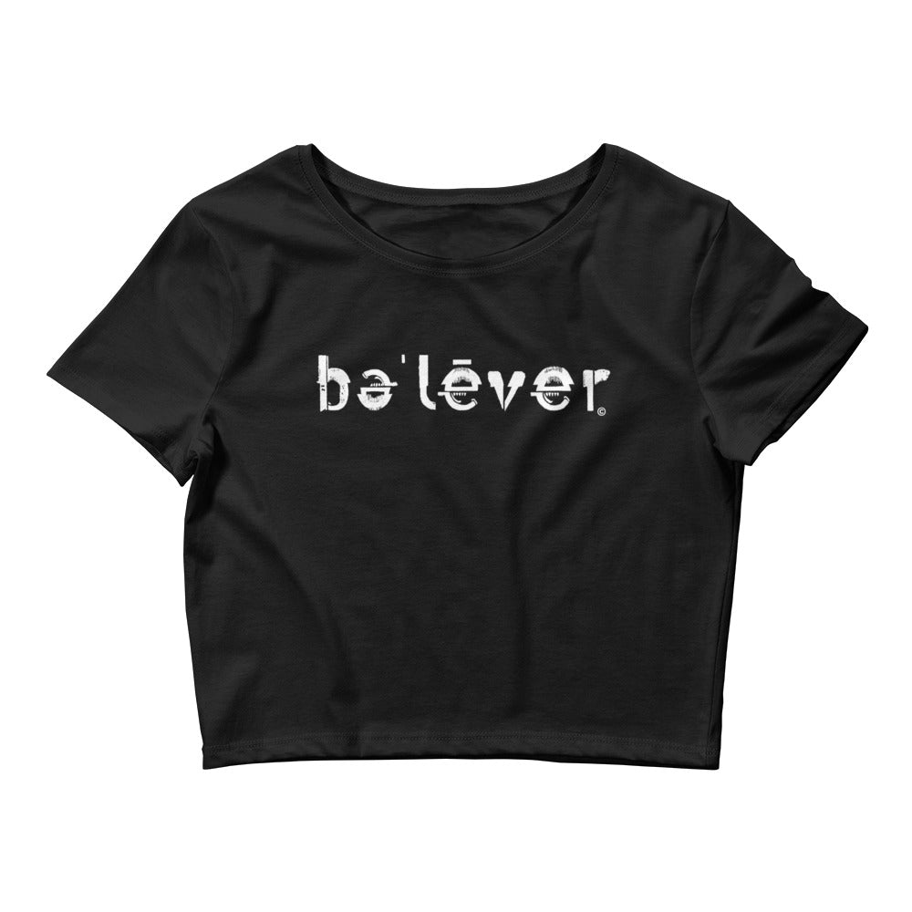 Crop Fitted T-Shirt - believer - White on Black