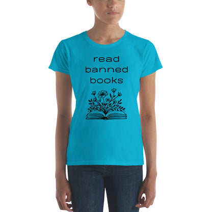 Fashion Fit Fitted T-Shirt - Read Banned Books - Book & Floral Design