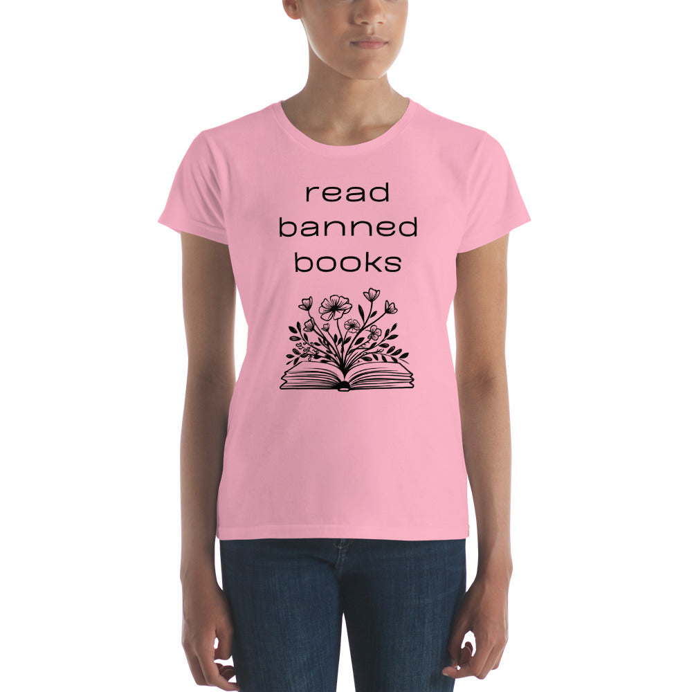 Fashion Fit Fitted T-Shirt - Read Banned Books - Book & Floral Design