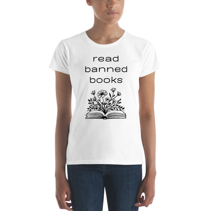 Fashion Fit Fitted T-Shirt - Read Banned Books - Book & Floral Design